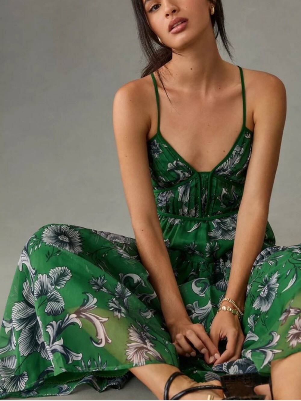 Anthropologie Green Floral Midi Dress Small Smocked Back Sweetheart Boho Cottage - Picture 7 of 11